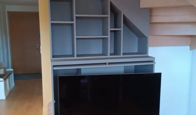 Fabrication et installation d’un meuble TV / Bibliothèque gris extra mat à Tarare